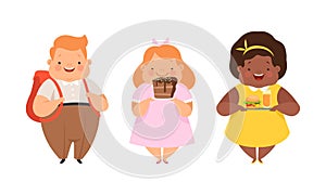 Overweight Little Children with Extra Body Fat Overeating Unhealthy Food Vector Set