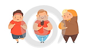 Overweight Little Children with Extra Body Fat Overeating Unhealthy Food Vector Set