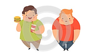 Overweight Little Children with Extra Body Fat Overeating Unhealthy Food Vector Set