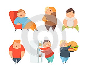 Overweight Little Children with Extra Body Fat Overeating Unhealthy Food Vector Set