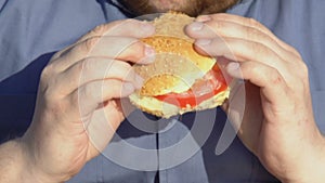 Overweight male chewing high-calorie burger, fast food and obesity problem