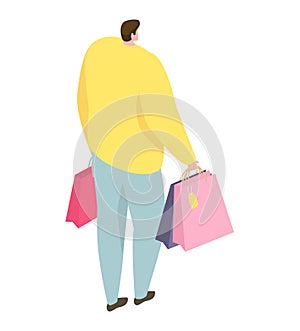 Overweight man carrying shopping bags, dressed in casual clothes. Conceptual for consumerism, retail therapy. Vector