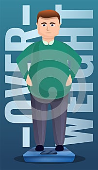 Overweight man on scales concept banner, cartoon style