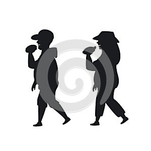 Overweight man and woman walking eating fast food on the way silhouette