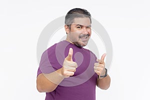 An overweight middle aged man winking while making the finger gun gesture. Being cringe and out of touch. Isolated on a white