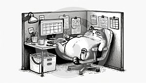 Overweight Office Cat Lounging in Cubicle with Computer and Supplies