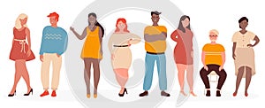 Overweight people vector illustration, cartoon flat woman man model characters wearing casual clothes standing in row