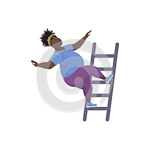 Overweight person climbing up ladder, plus size character stumbling photo