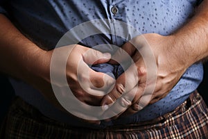 Overweight reality mans hand holds belly fat, depicting health concerns