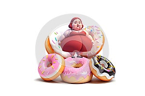 Overweight and sweets concept.Amazed bbw figurine in brown dress on donuts .Emotional overweight woman and appetizing