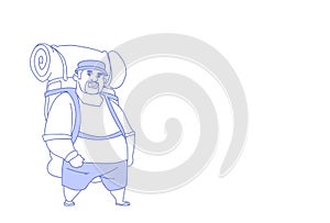 Overweight traveler man backpacker outdoor hiking male tourist summer vacation trip sketch doodle horizontal