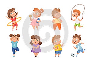 Overweight vs sporty children. Confused fat kids, happy thin boys girls. Healthy and unhealthy lifestyle vector