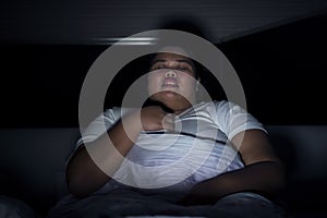 Overweight woman awaken having a nightmare