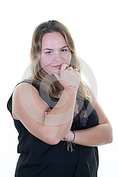 Overweight woman blonde portrait positive happy confident smile on white background