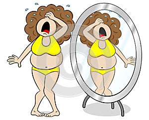 Nadváha žena plače pred zrkadlo 