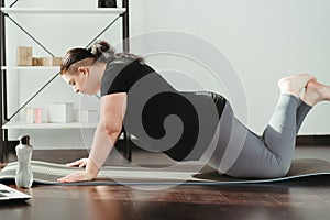 Overweight woman doing push-ups looking on laptop