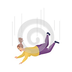 Overweight woman falling down in air with shock and fear expression