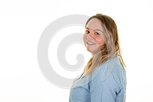 Overweight woman laughing smiling happy cheerfully with friendly and positive attitude on white background studio portrait