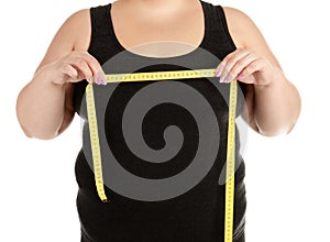 Overweight woman with measuring tape