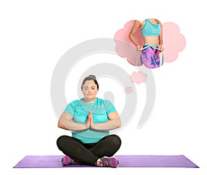 Overweight woman practicing yoga and dreaming about perfect body