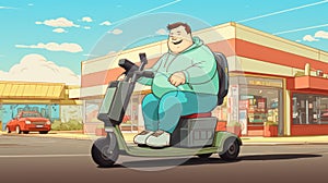 Overweight woman ride on motorised scooter from the grocery store. Obesity concept, not healthy foods