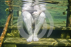 Overweight woman sitting in the sea photo