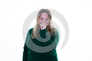 overweight woman smile looking up happy enjoy friendly laughing portrait in positive attitude in white background