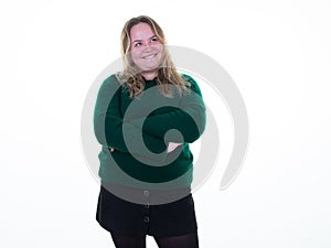 Overweight woman smile looking up happy and friendly smiling portrait in positive attitude in white background