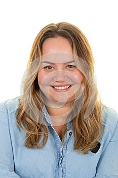 Overweight woman smiling happy cute confident positive proud and friendly attitude on white background