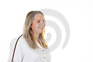 Overweight woman smiling happy profile side view in friendly attitude look side copy space in white background