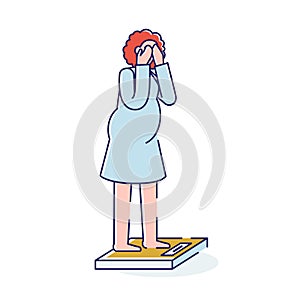 Overweight woman standing on weight scale with closed eyes. Fat female scaling