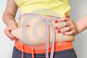 Overweight woman with tape measure - obesity concept