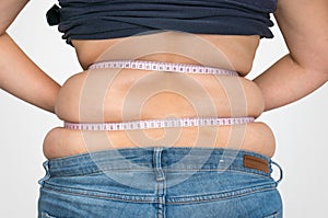 Overweight woman with tape is measuring fat on belly