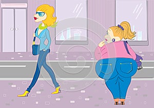 Overweight woman want to be slim.Vector women in c