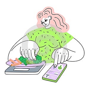 overweight woman weighs her food and counts calories