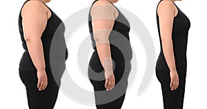 Overweight woman before and after weight loss on white background