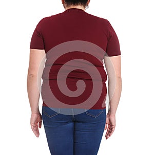 Overweight woman on white background. Weight loss