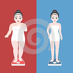 Overweight women in towel on scale and beautiful girl in normal weight on scales