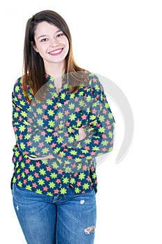 Overweight young woman standing on white background arms crossed isolated