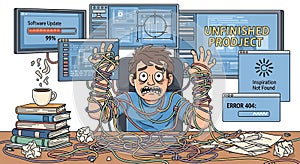 Overwhelmed Developer Cartoon Illustration