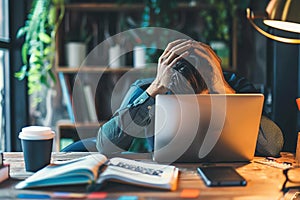 Overwhelmed employee facing deadline pressure. Intense office environment