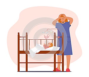 Overwhelmed Mother Character With Postpartum Depression Trying To Soothe Her Crying Baby In The Crib Vector Illustration