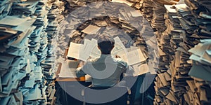 Overwhelmed office worker surrounded by towering piles of paperwork and documents
