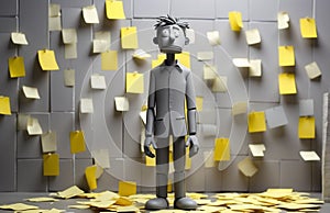 Overwhelmed: Puppet Standing in front of a Wall of Tasks