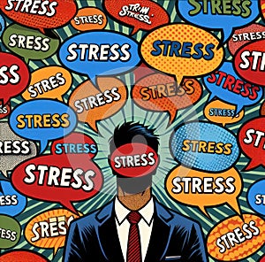 Overwhelmed by Stress, Businessman with Stress Speech Bubbles