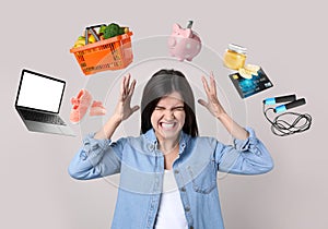 Overwhelmed woman and different objects around her on light grey background