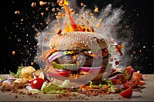 Overwhelming Hamburger explosion. Grilled meal bun