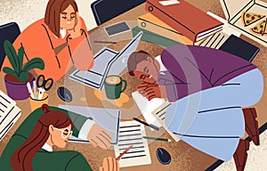 Overworked business team in office, tired employees sleeping at desk. Work overtime, overload concept. Exhausted workers