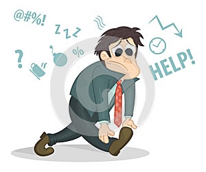 Overworked businessman or office worker walking with a sad face. Business stress. Cartoon style vector illustration. Con