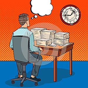 Overworked Businessman with Stack of Papers. Overtime at Work. Pop Art illustration